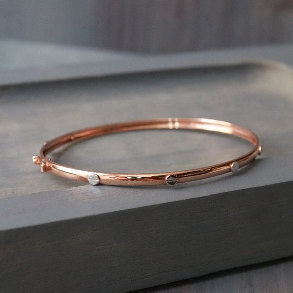 Real Gold 18K Two-Tone Rose Gold Slim Type Bangle Bracelet 3.2mm Fine Jewelry - Picture 1 of 7